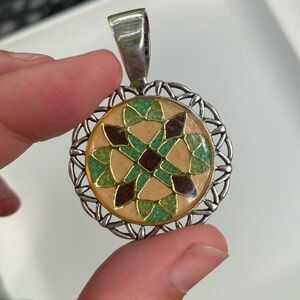 Carolyn Pollack Beautiful Sterling Silver Multi Gem Stone Inlaid Mosaic Pendant